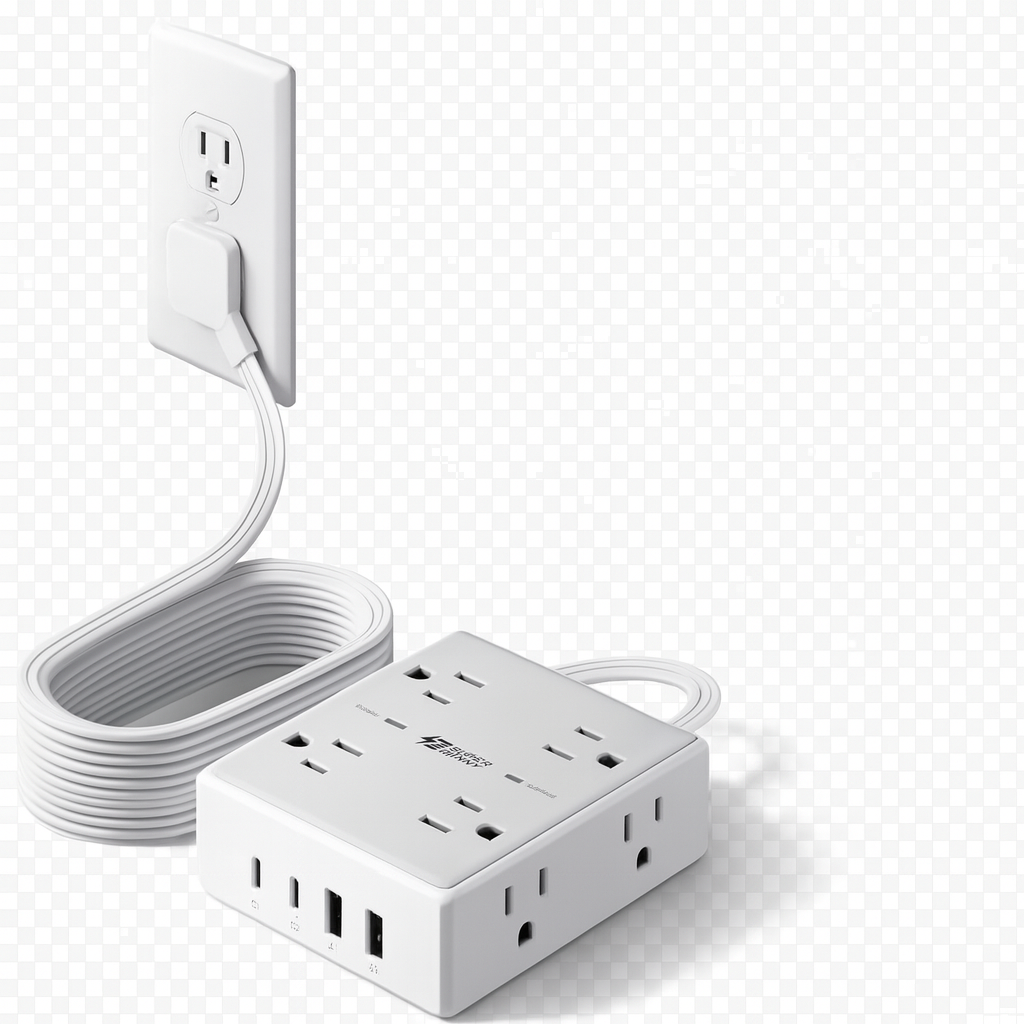 10Ft Extension Cord with Multiple Outlets, Flat Plug Surge Protector Power Strip - 8 Outlets & 4 USB Ports (2 USB C)