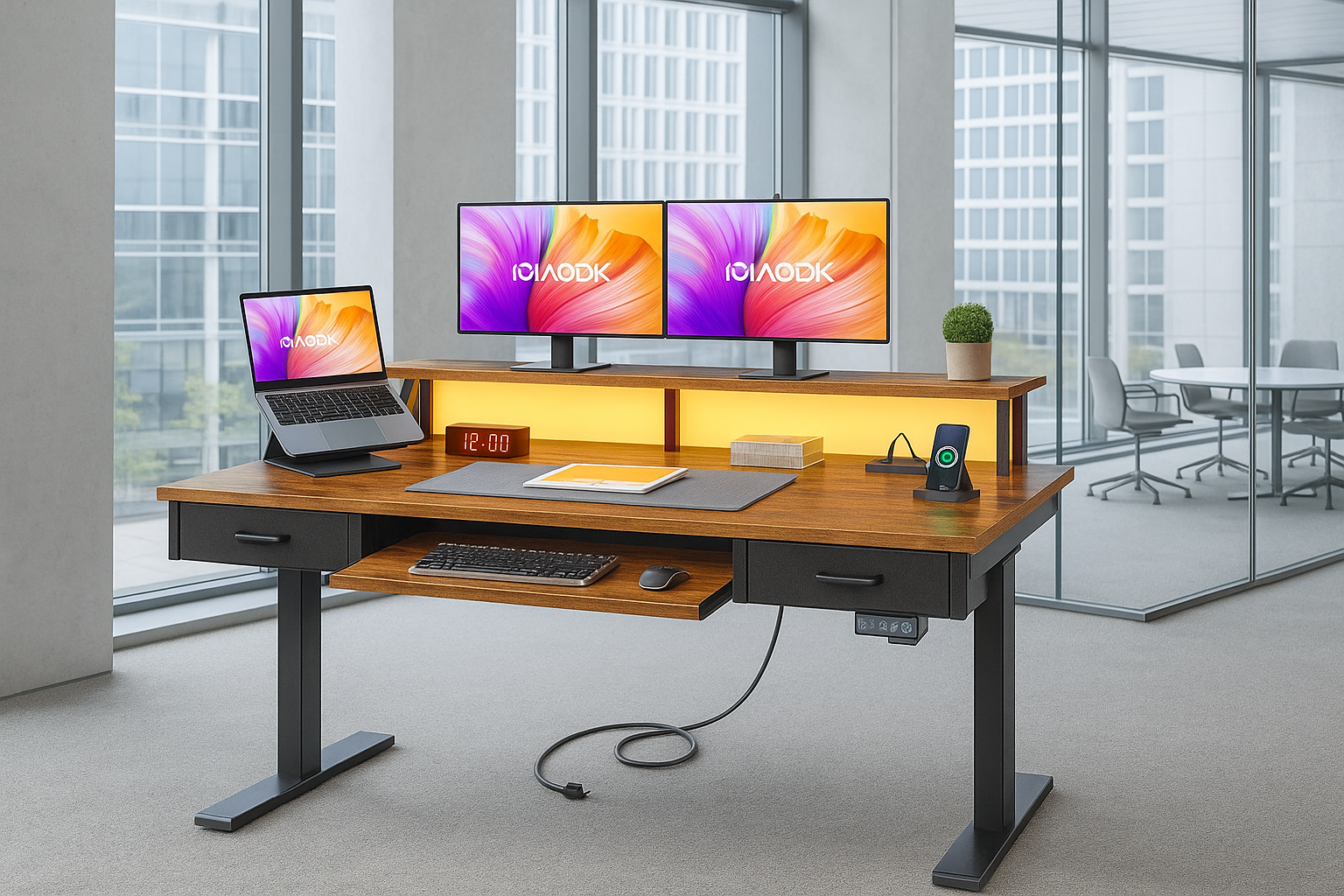 AODK Electric Standing Desk with Drawers & Keyboard Tray, 55 Inch Height Adjustable Gaming Desk with Power Outlets & LED Lights, Sit Stand Table with Monitor Stand for Home, Office, Rustic Brown thumbnail 2