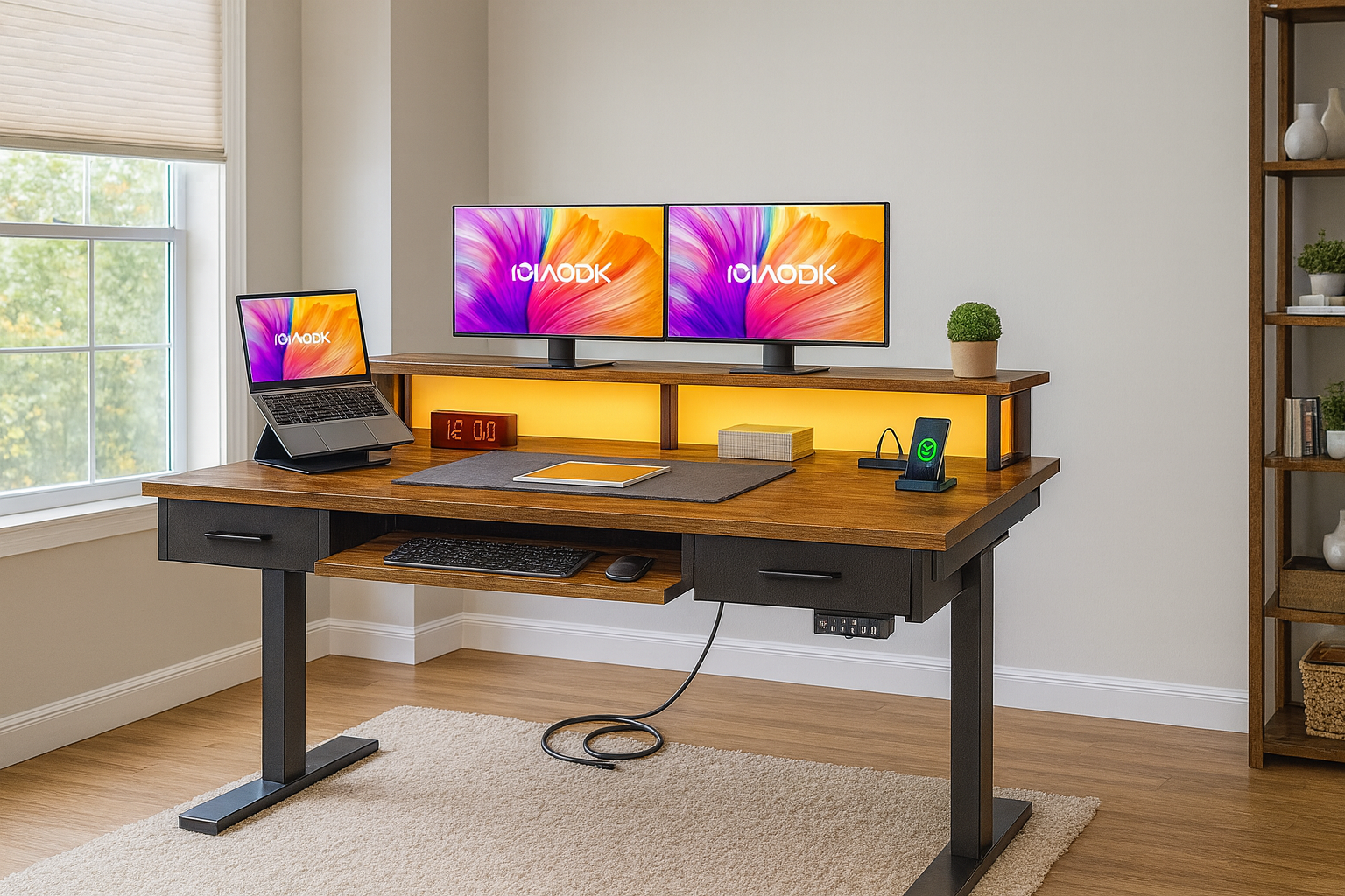 AODK Electric Standing Desk with Drawers & Keyboard Tray, 55 Inch Height Adjustable Gaming Desk with Power Outlets & LED Lights, Sit Stand Table with Monitor Stand for Home, Office, Rustic Brown thumbnail 3