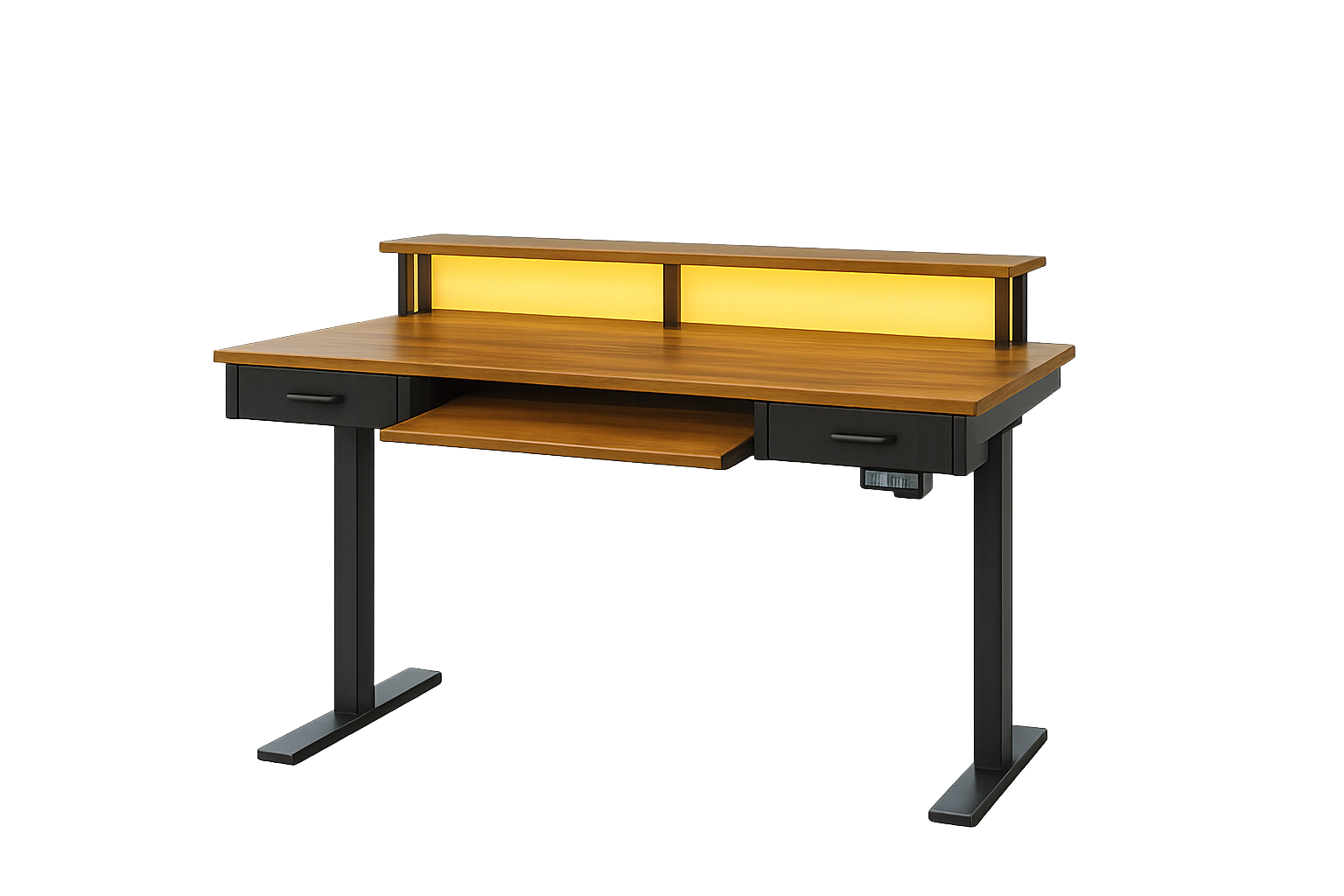 AODK Electric Standing Desk with Drawers & Keyboard Tray, 55 Inch Height Adjustable Gaming Desk with Power Outlets & LED Lights, Sit Stand Table with Monitor Stand for Home, Office, Rustic Brown