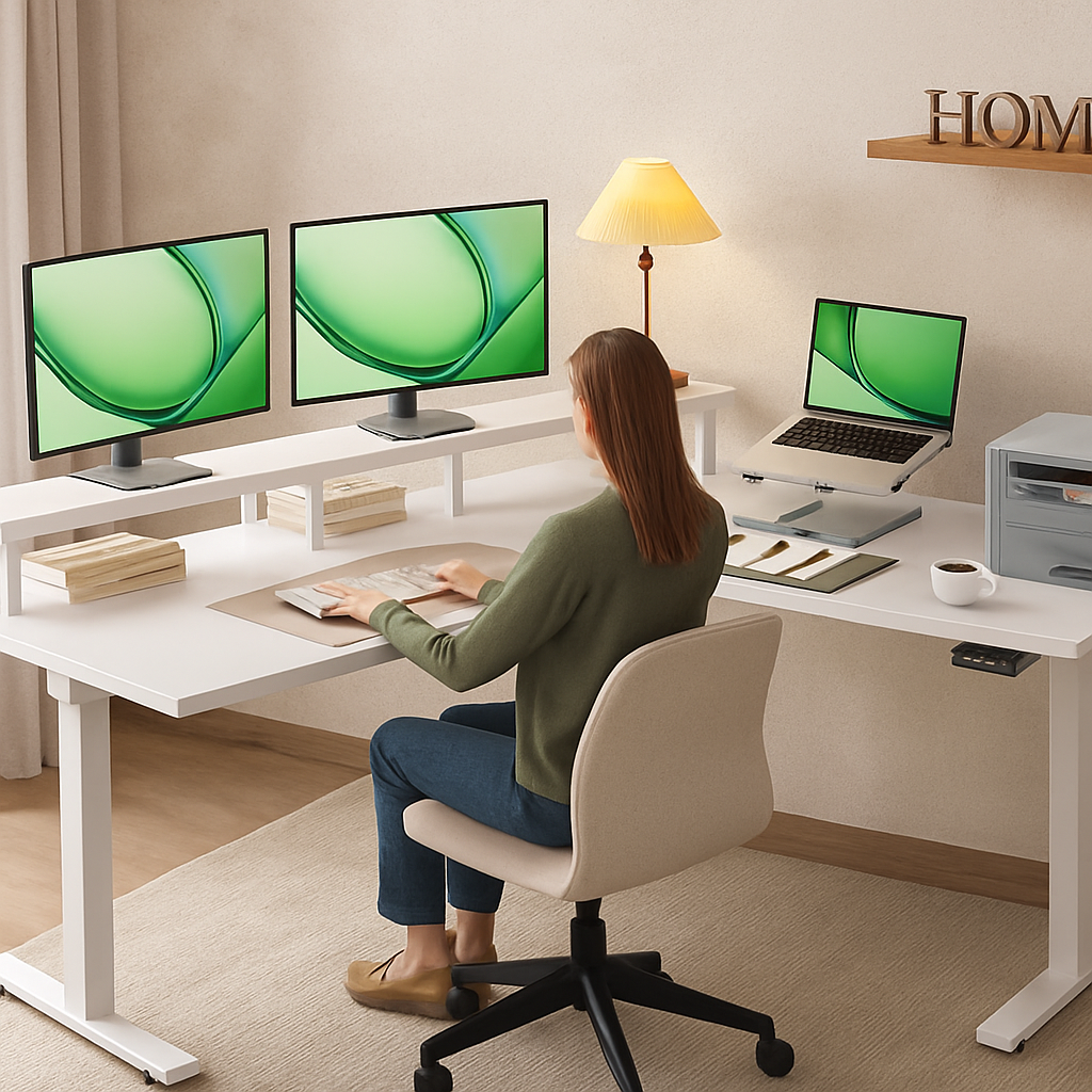 AODK Electric L-Shaped Standing Desk, 59 Inch Height Adjustable Office Desk with Monitor Stand, Sit-Stand Desk with Power Outlets thumbnail 3