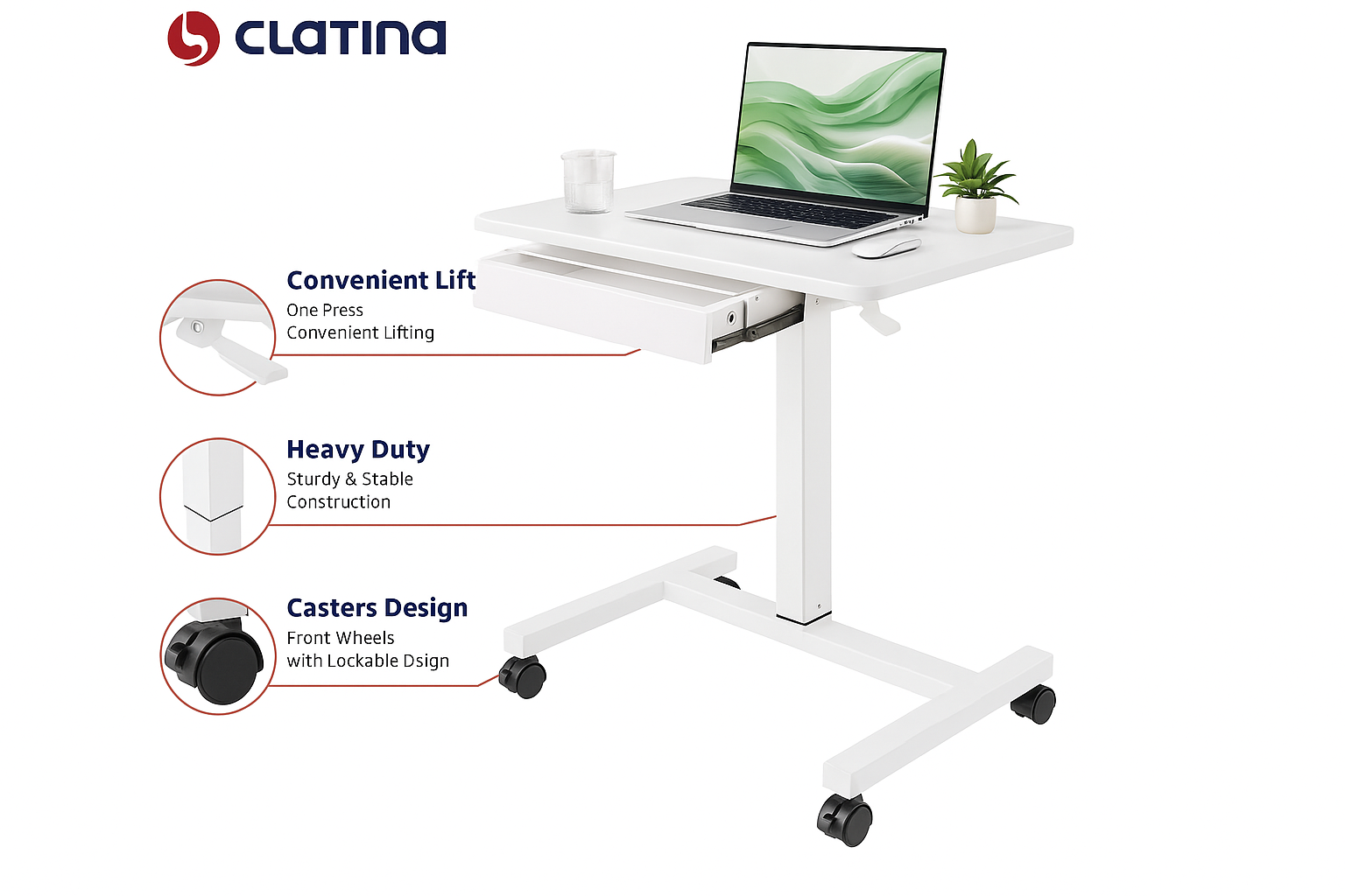 CLATINA Mobile Standing Desk, Height-Adjustable with Drawer and Lockable Wheels thumbnail 3