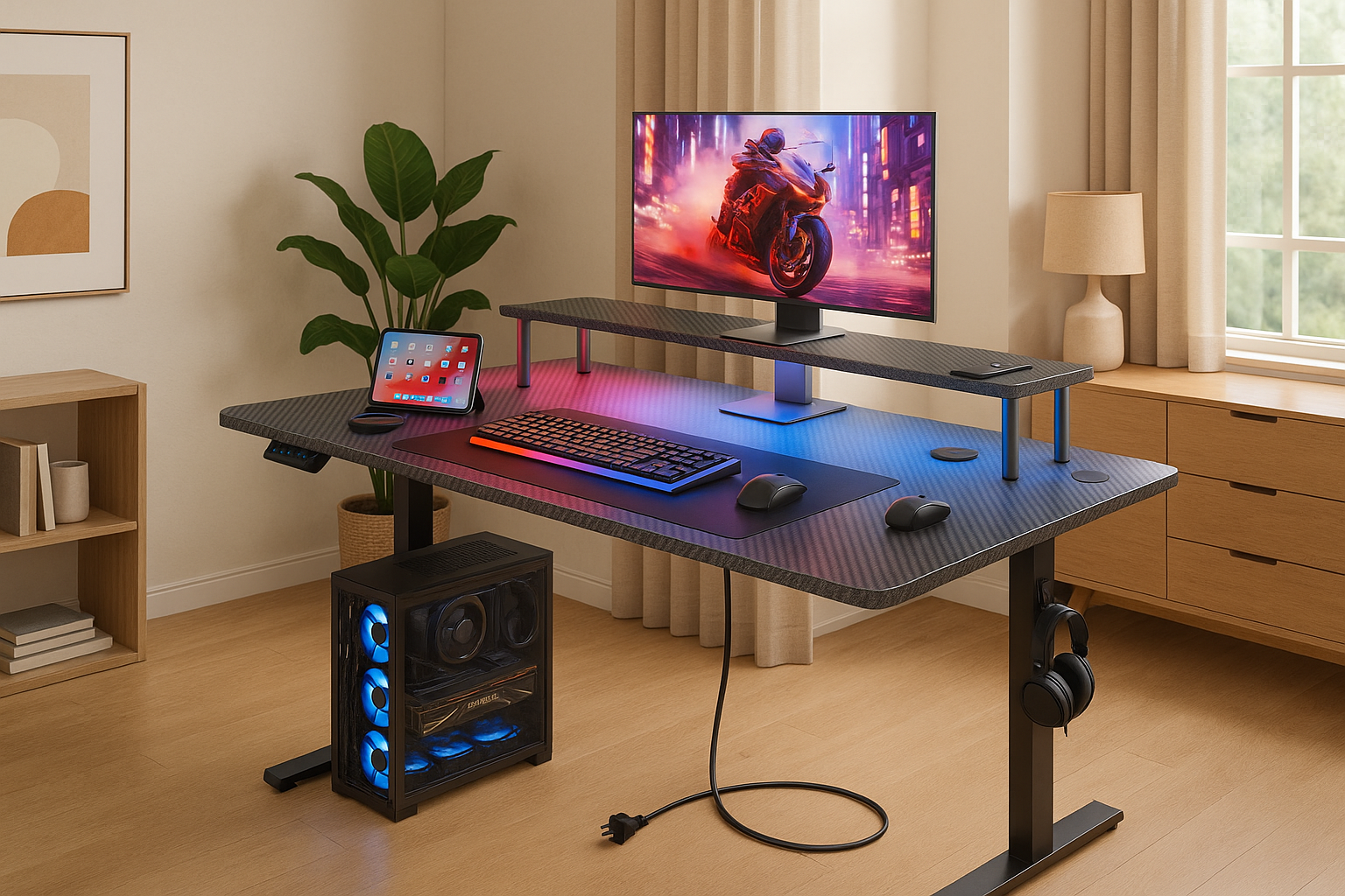 Electric Standing Desk with LED Lights & Power Outlets, Height Adjustable Desk thumbnail 2