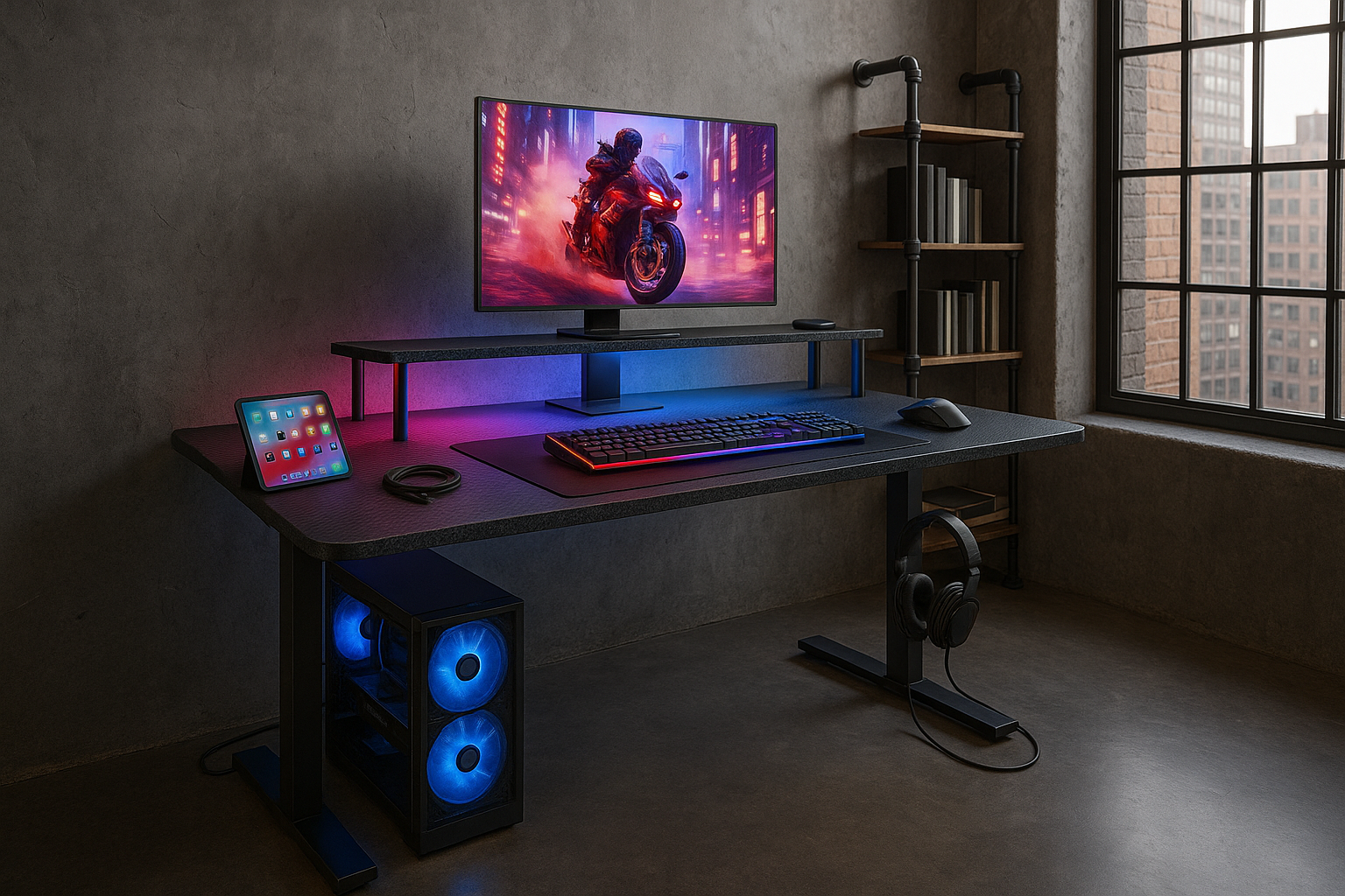 Electric Standing Desk with LED Lights & Power Outlets, Height Adjustable Desk thumbnail 3