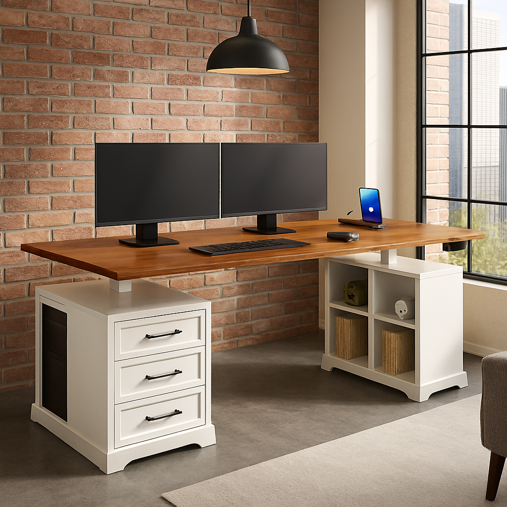 Farmhouse Electric Standing Desk 63" Height Adjustable Computer Desk w/3 Drawers thumbnail 2