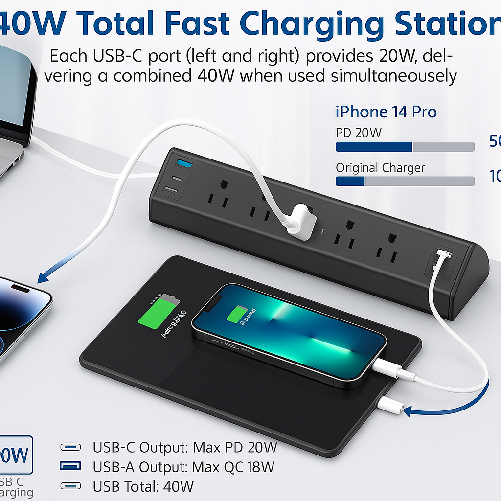 Desk Clamp Power Strip USB-C - 40W Total Fast Charging Station thumbnail 2