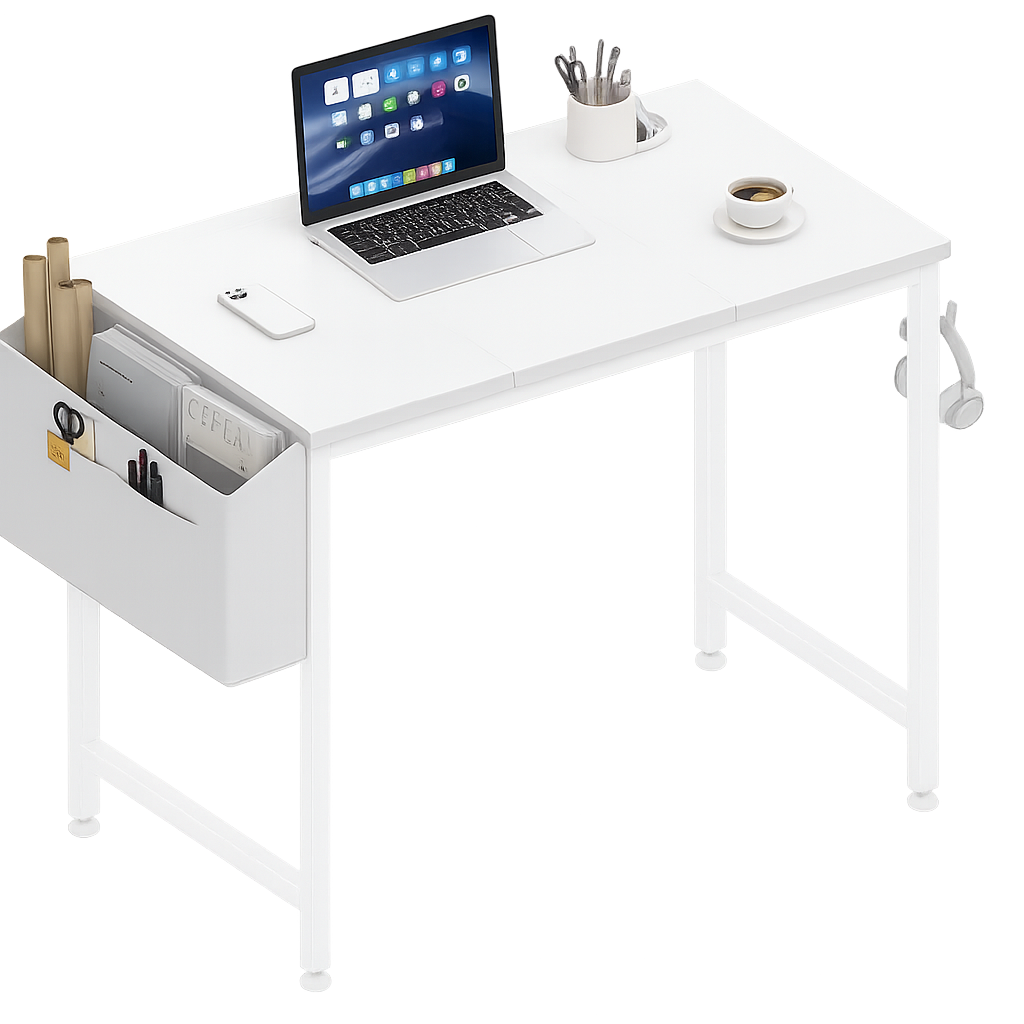 Lufeiya Small White Desk for Small Spaces, 32 Inch Kids Girls Study Writing Desks for Bedroom, Simple Modern Laptop PC Little Side Table with Storage Bag Headphone Hook