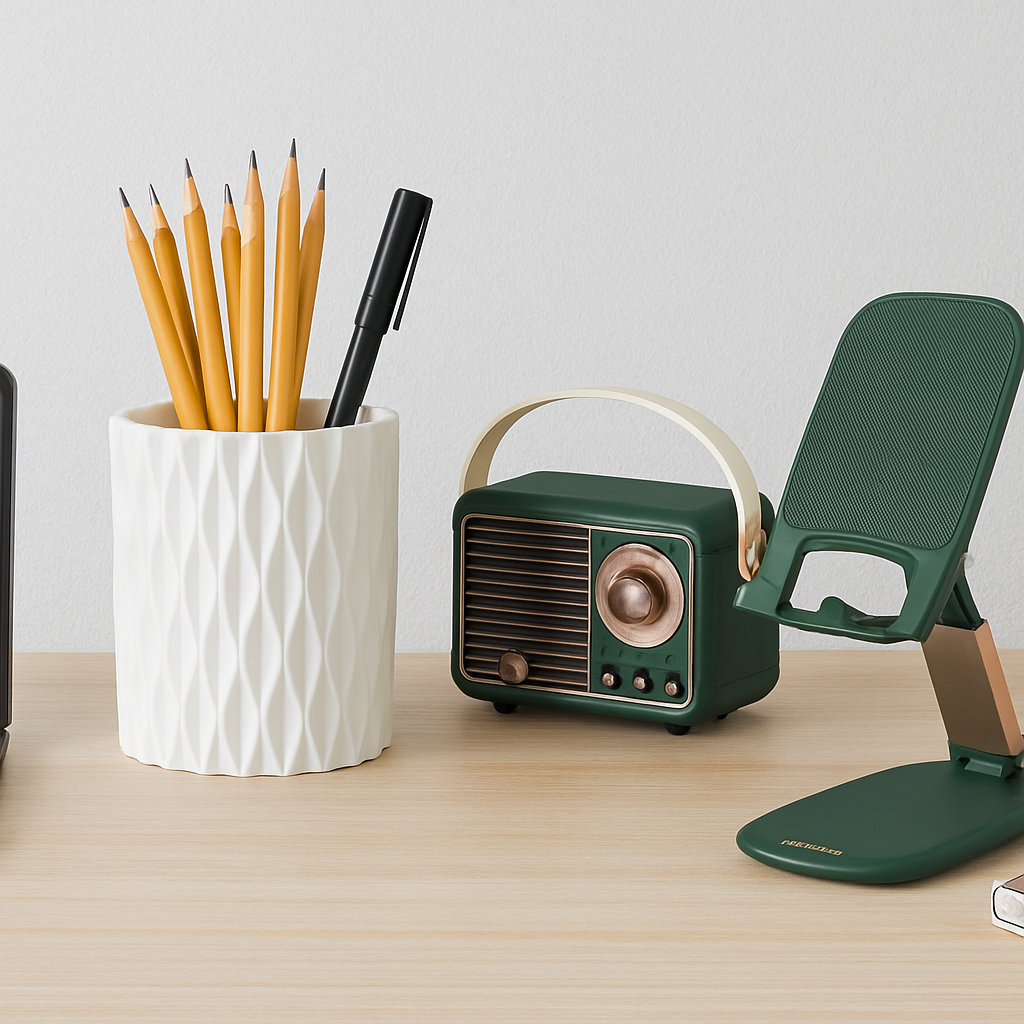 Rotating Pen Holder for Desk - 5 Slots Unique White Desk Organizer thumbnail 3