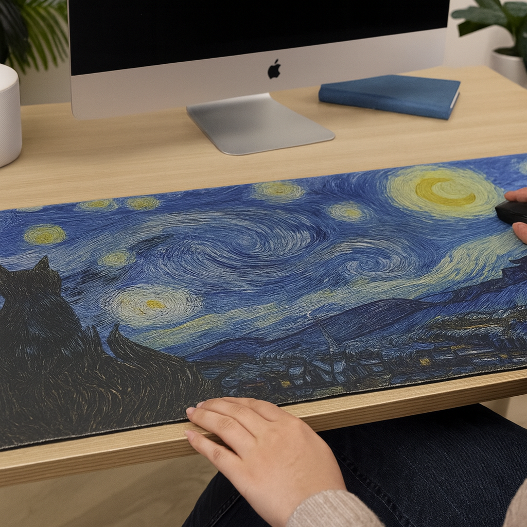 Starry Night Cat Gaming Mouse Pad Large Desk Mat Extended Keyboard Mouse Pad thumbnail 3