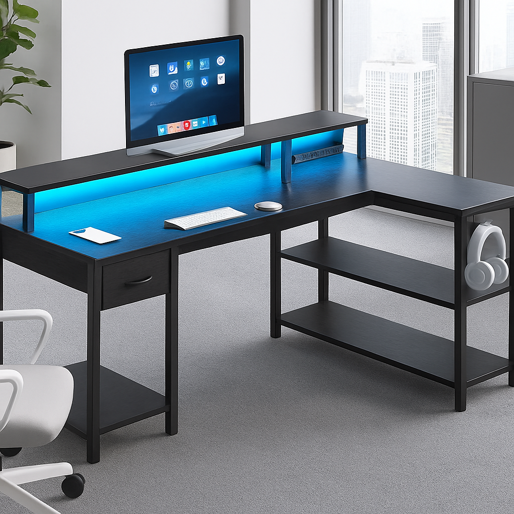 SUPERJARE 47 inch L Shaped Gaming Desk with LED Lights & Power Outlets, Reversible Computer Desk with Shelves & Monitor Stand, Corner Desk with Drawer, for Home & Office, Black thumbnail 2