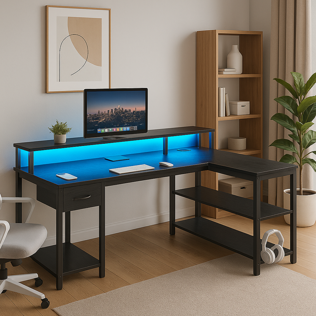 SUPERJARE 47 inch L Shaped Gaming Desk with LED Lights & Power Outlets, Reversible Computer Desk with Shelves & Monitor Stand, Corner Desk with Drawer, for Home & Office, Black thumbnail 3