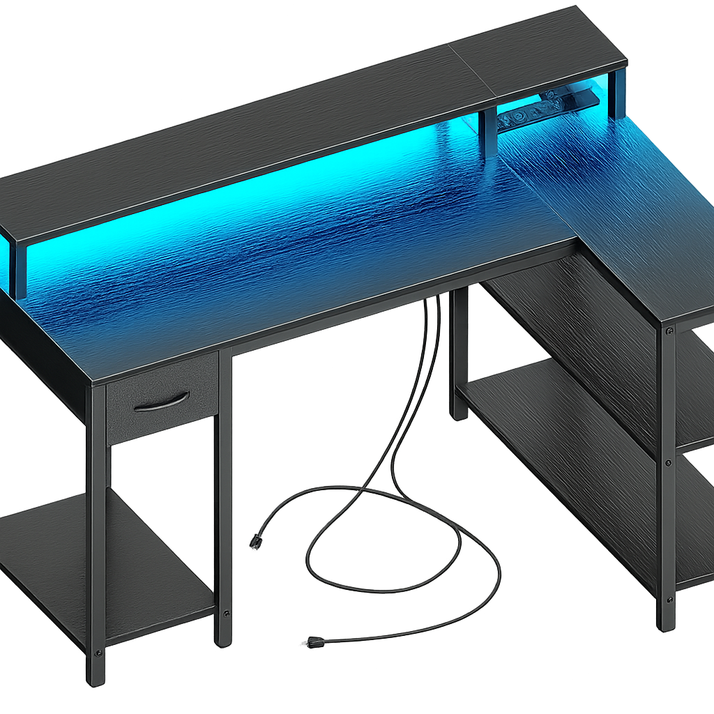 SUPERJARE 47 inch L Shaped Gaming Desk with LED Lights & Power Outlets, Reversible Computer Desk with Shelves & Monitor Stand, Corner Desk with Drawer, for Home & Office, Black