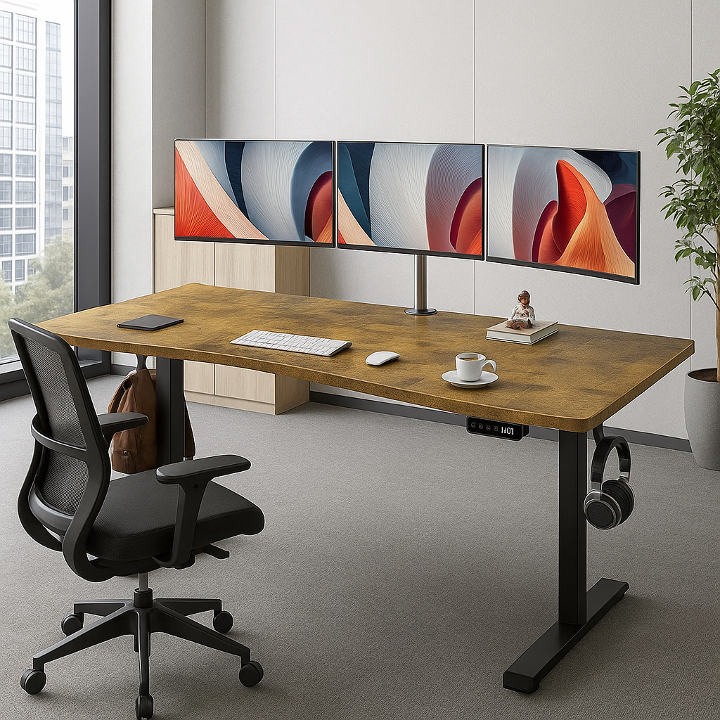 Veken 63 x 28 Inch Electric Standing Desk, Sit to Stand Up, Work Home Office Computer Table for Study, Walking Pad, Writing, and Games, Wooden Desktop Desks, Brown thumbnail 2