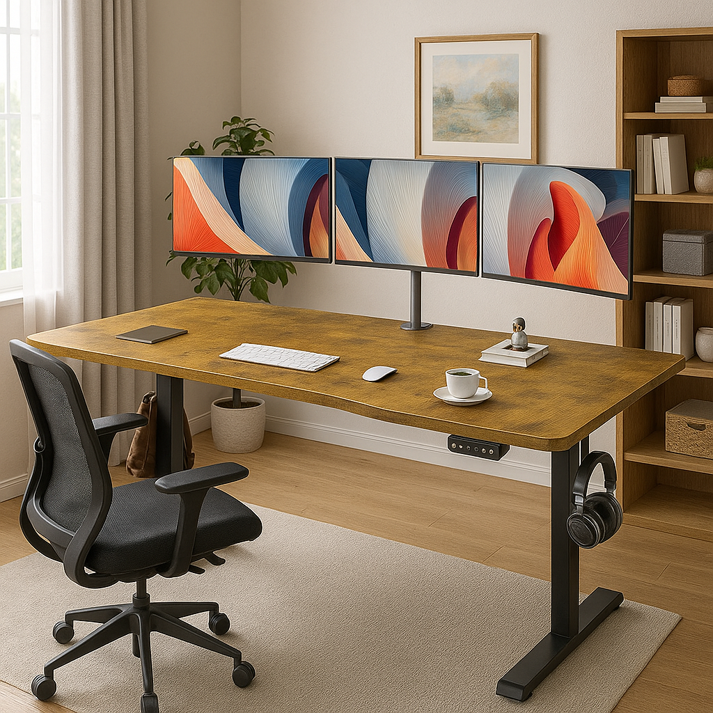 Veken 63 x 28 Inch Electric Standing Desk, Sit to Stand Up, Work Home Office Computer Table for Study, Walking Pad, Writing, and Games, Wooden Desktop Desks, Brown thumbnail 3