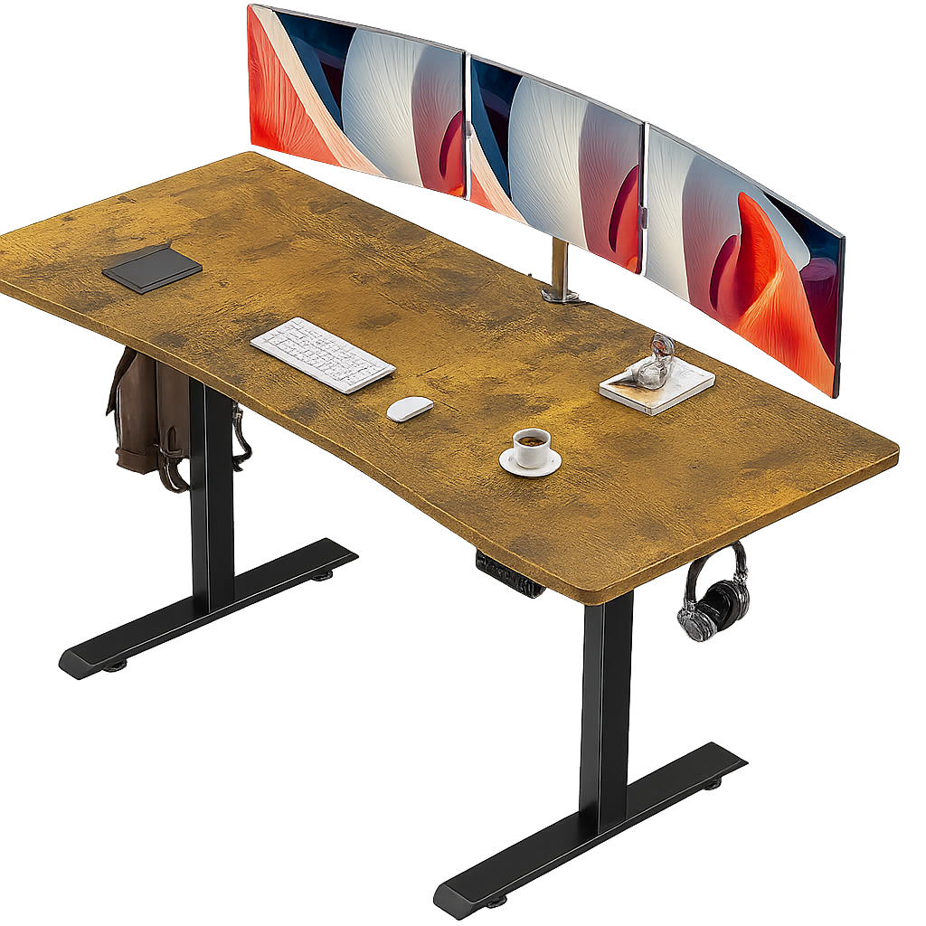 Veken 63 x 28 Inch Electric Standing Desk, Sit to Stand Up, Work Home Office Computer Table for Study, Walking Pad, Writing, and Games, Wooden Desktop Desks, Brown