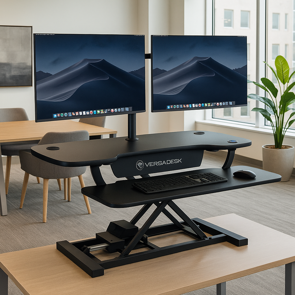 VERSADESK PowerPro 40" Electric Standing Desk Converter - Adjustable Height Desktop Riser with USB Charging Outlet & Detachable Keyboard Tray thumbnail 2