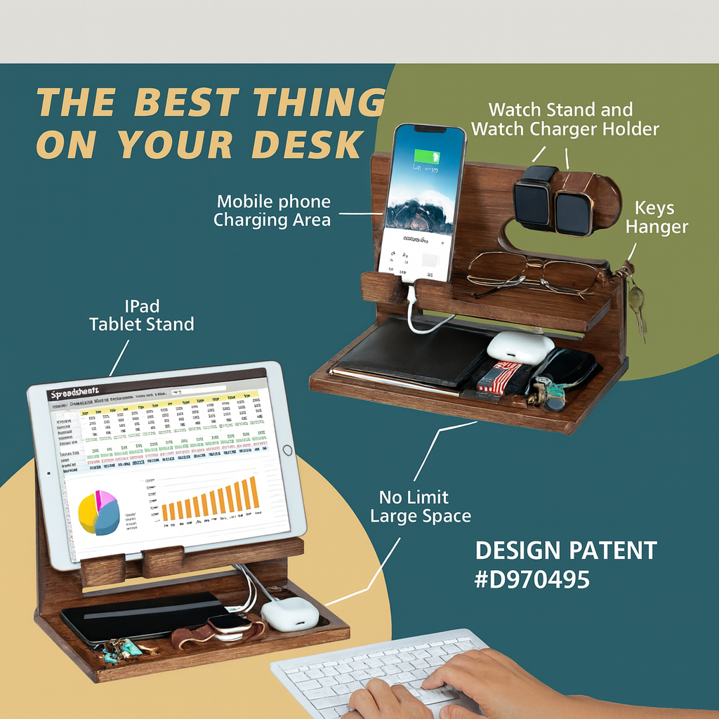 Men's Wooden Docking Station Desk Organizer for Phone Watch thumbnail 2
