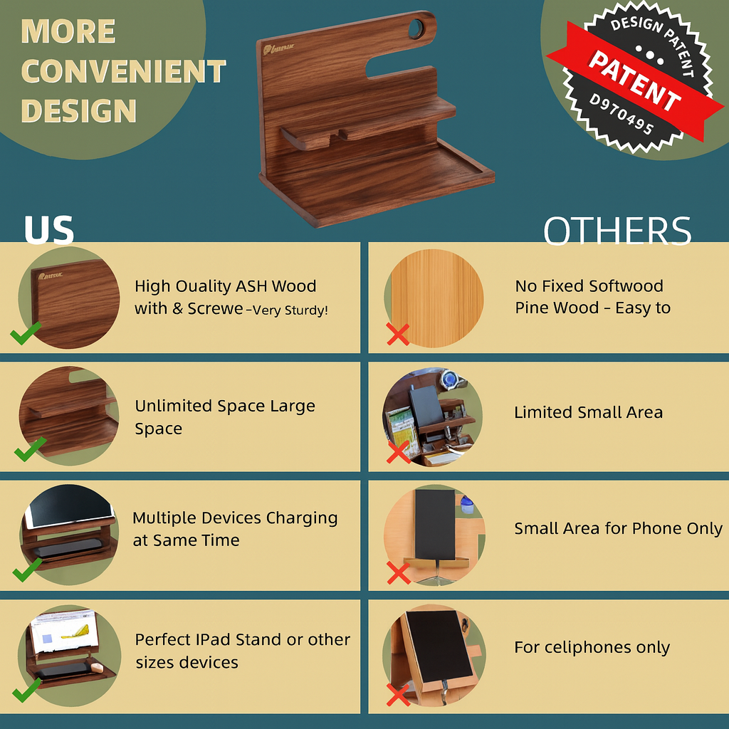 Men's Wooden Docking Station Desk Organizer for Phone Watch thumbnail 3